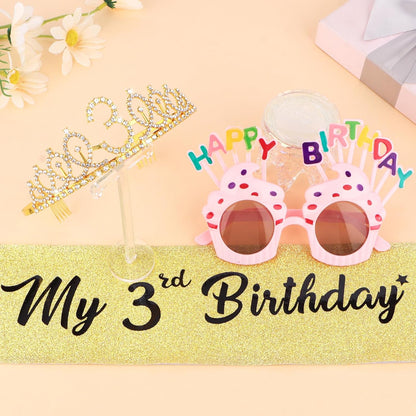 YARIEW 3rd Birthday Decorations, 3rd Glitter Purple Sash and Crown Kit with Happy Birthday Sunglasses, Tiara Princess Crown and Sash Party Outfit Accessory