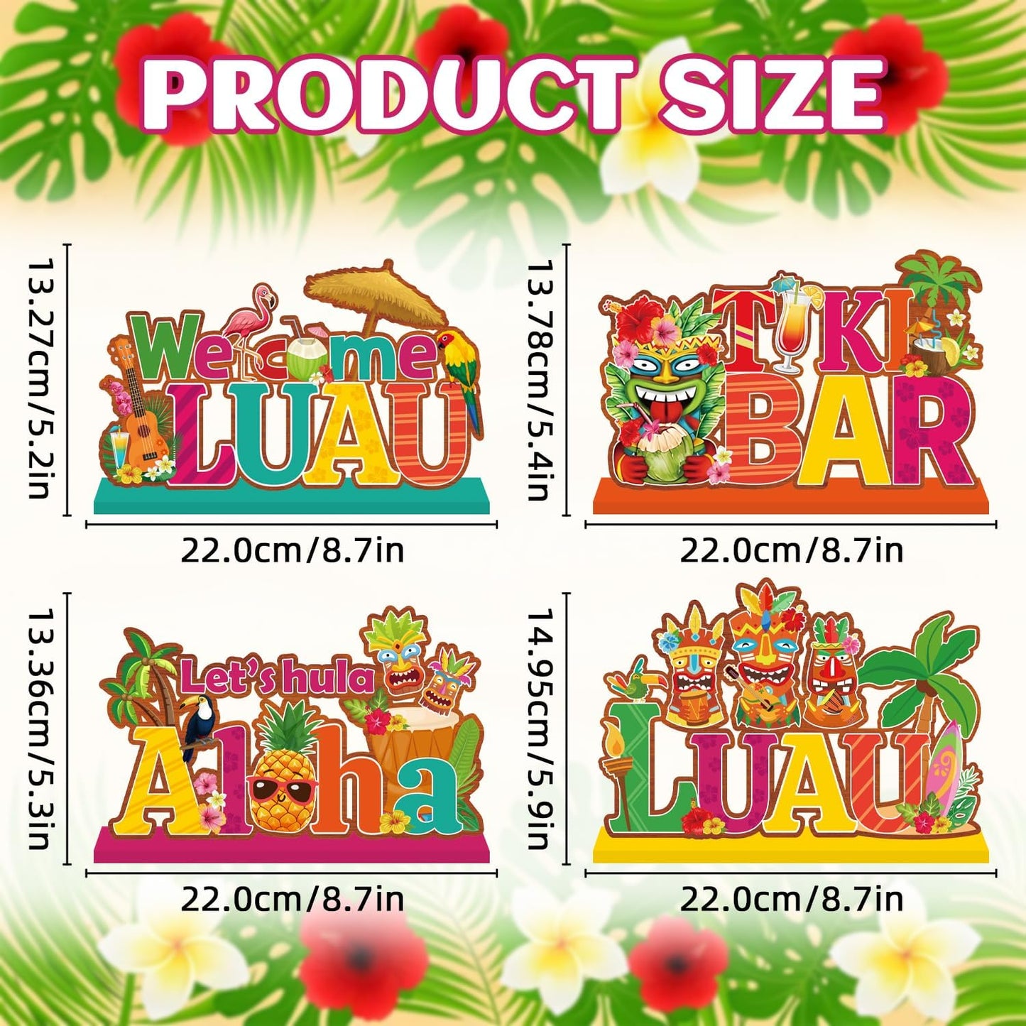 4 Pcs Luau Party Decorations Wooden Table Decorations Tiki Bar Aloha Table Centerpieces Tropical Luau Welcome Wood Signs Hawaiian Party Decorations for Summer Beach Party Decor