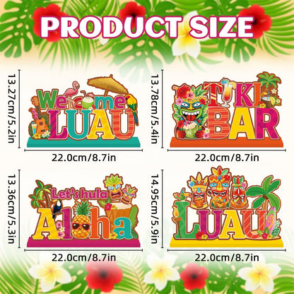 4 Pcs Luau Party Decorations Wooden Table Decorations Tiki Bar Aloha Table Centerpieces Tropical Luau Welcome Wood Signs Hawaiian Party Decorations for Summer Beach Party Decor