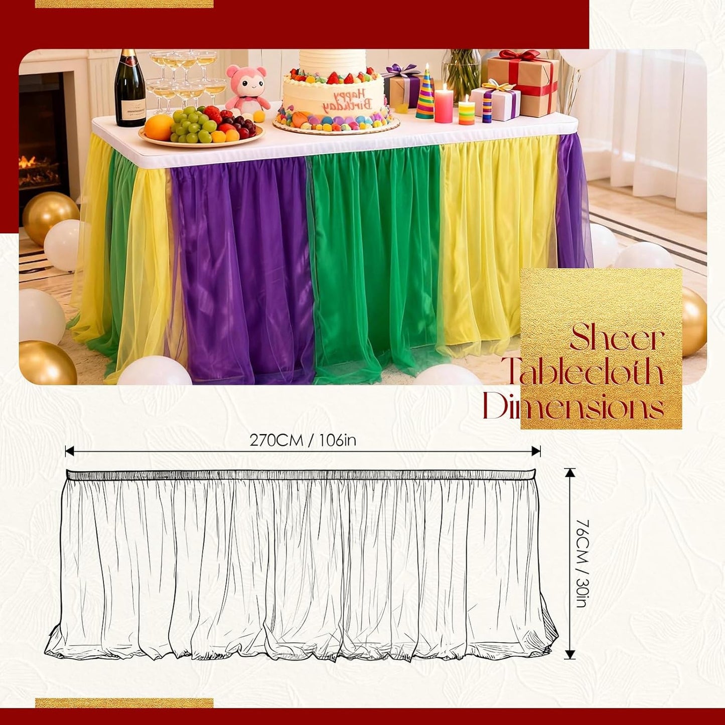 THARAHT Tulle Table Skirt 6FT 180CM Long for Rectangle Tables Round Tables Ruffle Desk Skirt for Princess Girls Birthday Party Cake Dessert Decorations Table Skirt
