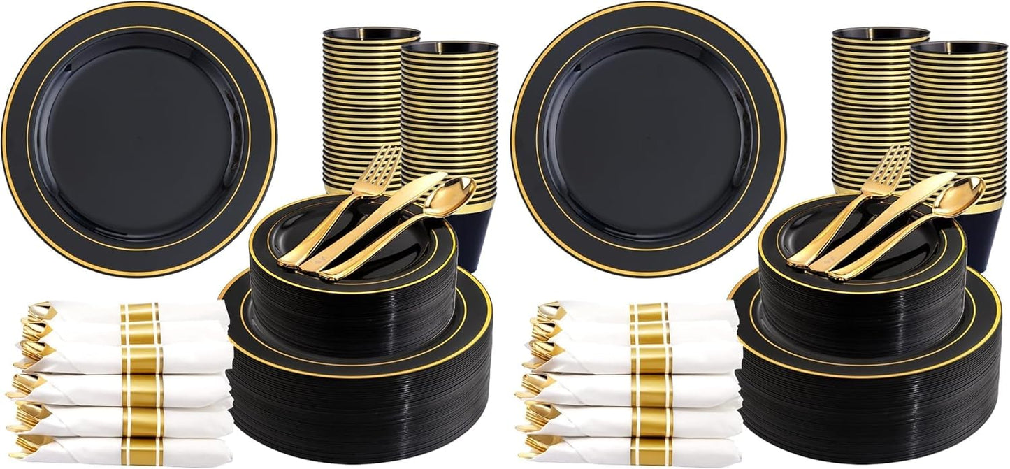 350 Pieces Black and Gold Plastic Plates with Disposable Silverware, Include 50 Dinner Plates 9”, 50 Dessert Plates 6.3”, 50 Black Cups 9 OZ, 50 Pre Rolled Napkins for Wedding Party Graduation