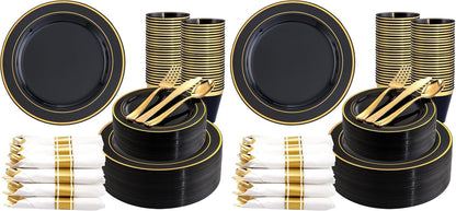350 Pieces Black and Gold Plastic Plates with Disposable Silverware, Include 50 Dinner Plates 9”, 50 Dessert Plates 6.3”, 50 Black Cups 9 OZ, 50 Pre Rolled Napkins for Wedding Party Graduation