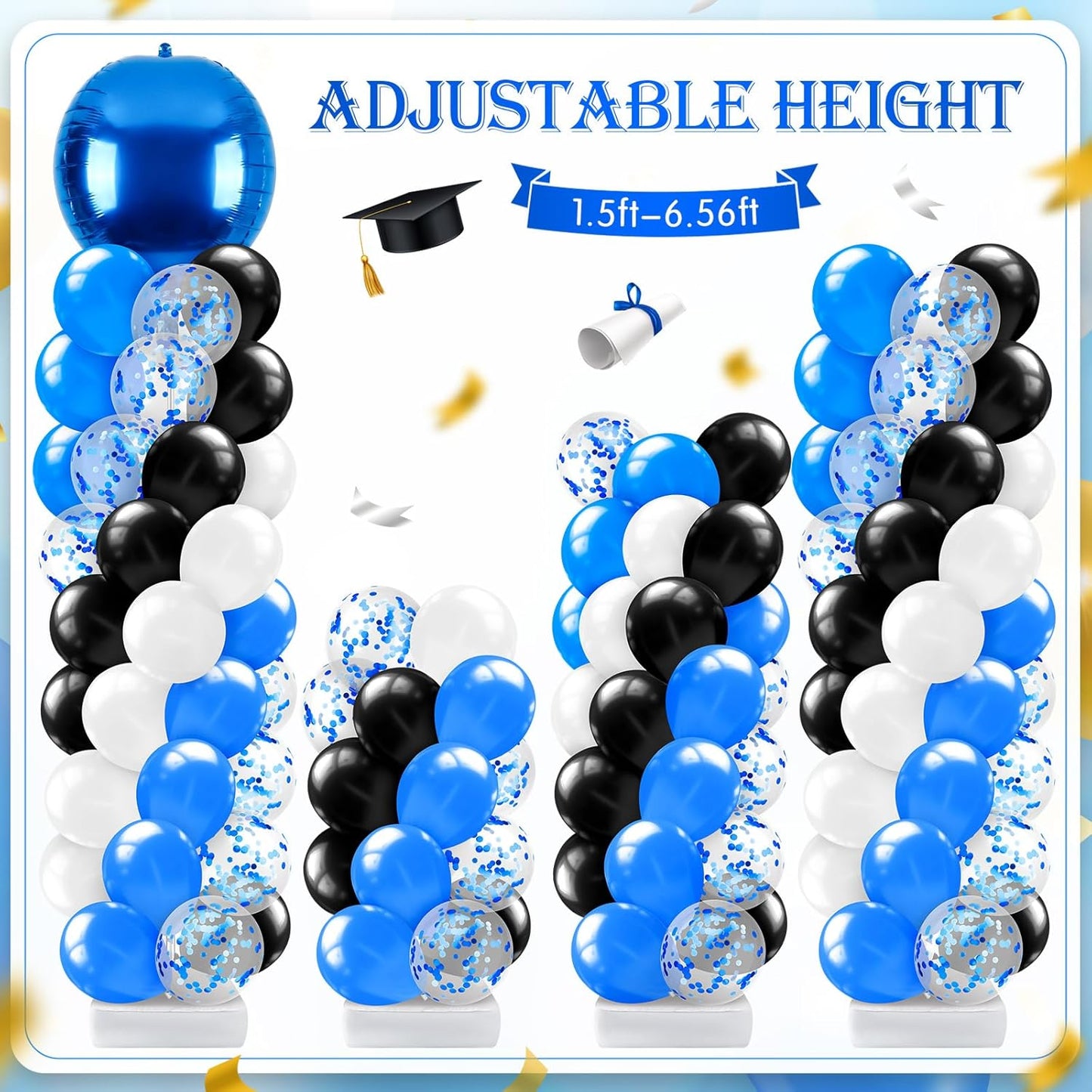 2 Sets Blue and Black White Graduation Balloon Column Stand Kit for Class of 2026, Adjustable Floor Balloon Arch Tower with Foil & Latex Balloons, DIY Decor for Grad Ceremony Backdrop
