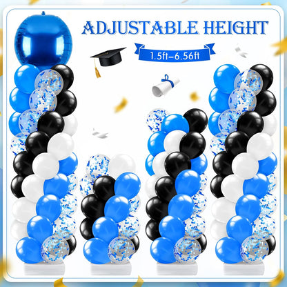 2 Sets Blue and Black White Graduation Balloon Column Stand Kit for Class of 2026, Adjustable Floor Balloon Arch Tower with Foil & Latex Balloons, DIY Decor for Grad Ceremony Backdrop