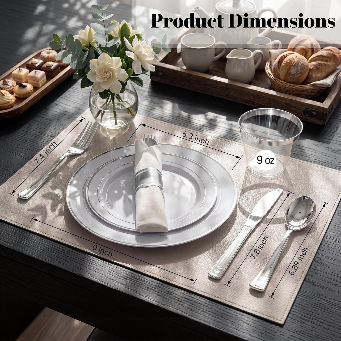 350 Pieces Black and Gold Plastic Plates with Disposable Silverware, Include 50 Dinner Plates 9”, 50 Dessert Plates 6.3”, 50 Black Cups 9 OZ, 50 Pre Rolled Napkins for Wedding Party Graduation