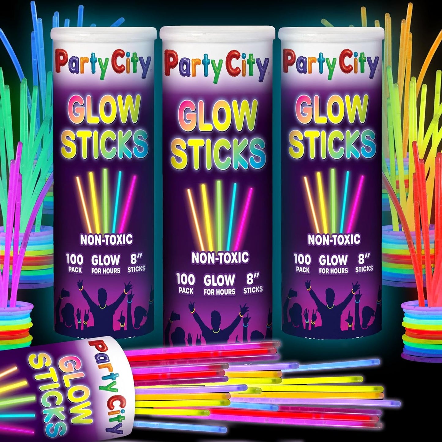 Party City 100 Glow Sticks Bulk Party Pack 8”– Neon Glow in the Dark Party Supplies, Glowsticks with Connectors Bracelets & Necklaces, Light Up Favors for Kids, Adults, Birthdays, Parties, Decorations