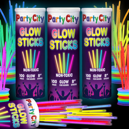 Party City 100 Glow Sticks Bulk Party Pack 8”– Neon Glow in the Dark Party Supplies, Glowsticks with Connectors Bracelets & Necklaces, Light Up Favors for Kids, Adults, Birthdays, Parties, Decorations