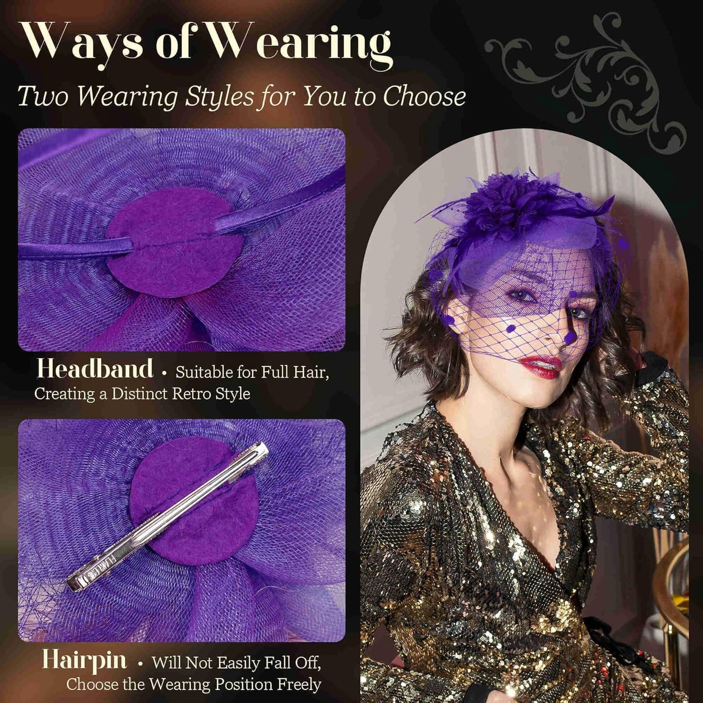 Fascinators Hats for Women Tea Party Hat Feather Mesh Headband Vintage Lace Cocktail Headwear Veil Hair Clip Church
