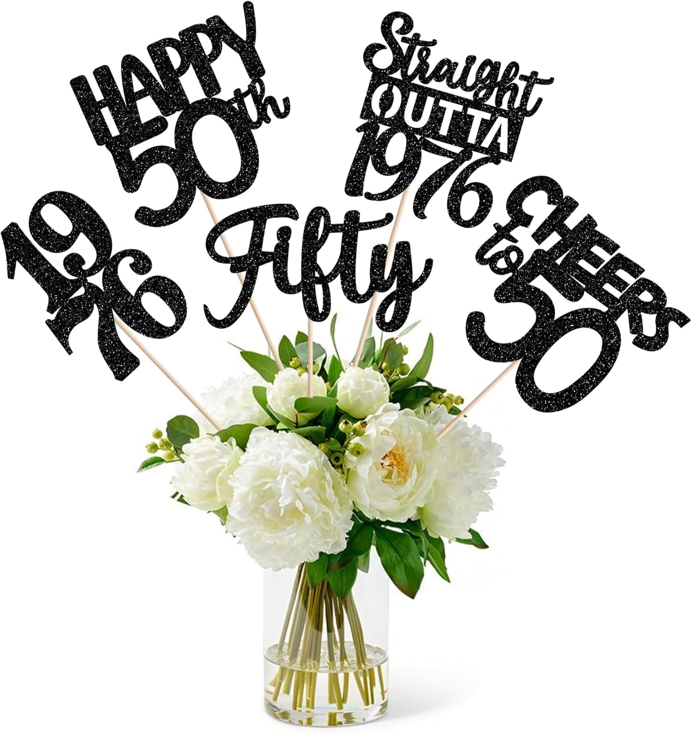 15 PCS 50th Birthday Centerpiece Sticks Fifty Happy 50th Straight Outta 1976 Table Flower Centerpieces Sticks Cheers to 50 Floral Decorations for 50th Birthday Party Centerpieces Supplies Black