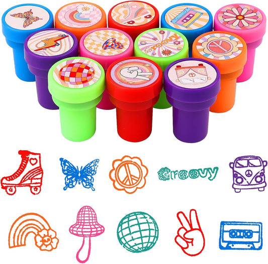 36 PCS Groovy Party Favors Self Inking Assorted Stamps for Adults Teacher Stamps for Classroom Rainbow Boho Stamp for Home Class Prizes Birthday Gifts Goodie Bag Fillers Retro Hippie Party Supplies