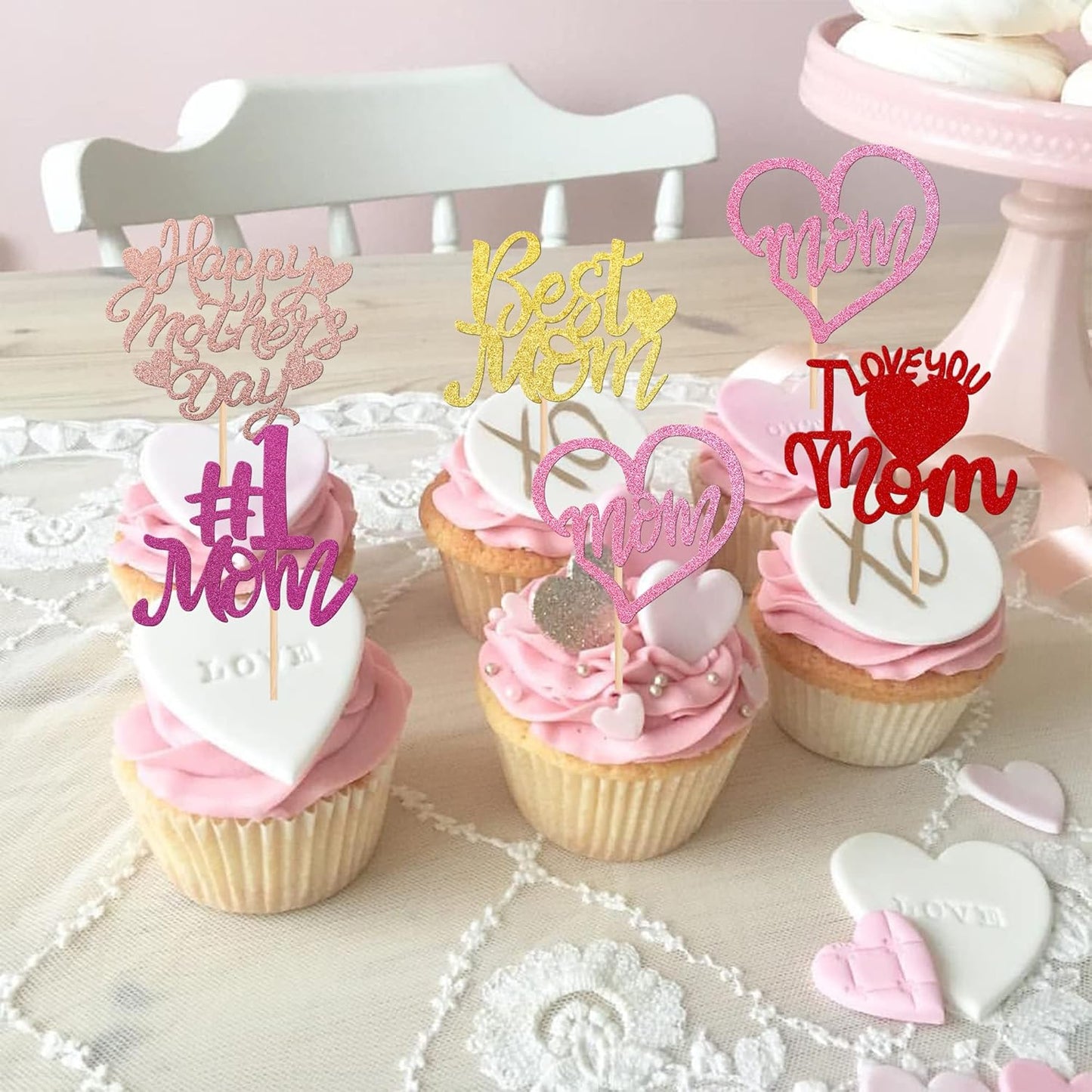24 PCS Happy Mother's Day Cupcake Toppers with Glitter Heart Love Mother Best Mom Cupcake Picks for Happy Mother's Day Theme Women Birthday Party Cake Decorations Supplies Rose Gold