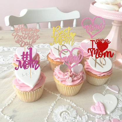 24 PCS Happy Mother's Day Cupcake Toppers with Glitter Heart Love Mother Best Mom Cupcake Picks for Happy Mother's Day Theme Women Birthday Party Cake Decorations Supplies Rose Gold