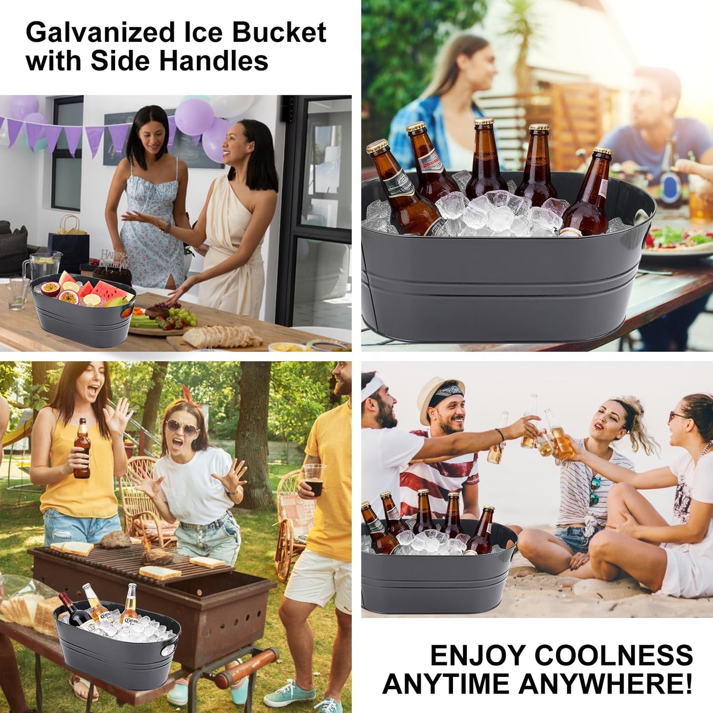 3 PCS 15.3 x 9 x 6 inches White Metal Galvanized Tub with Iron Handles, 3 Gallon Beverage Tubs for Parties, Large Ice Buckets for Beer, Wine, Cocktails & Outdoor Events