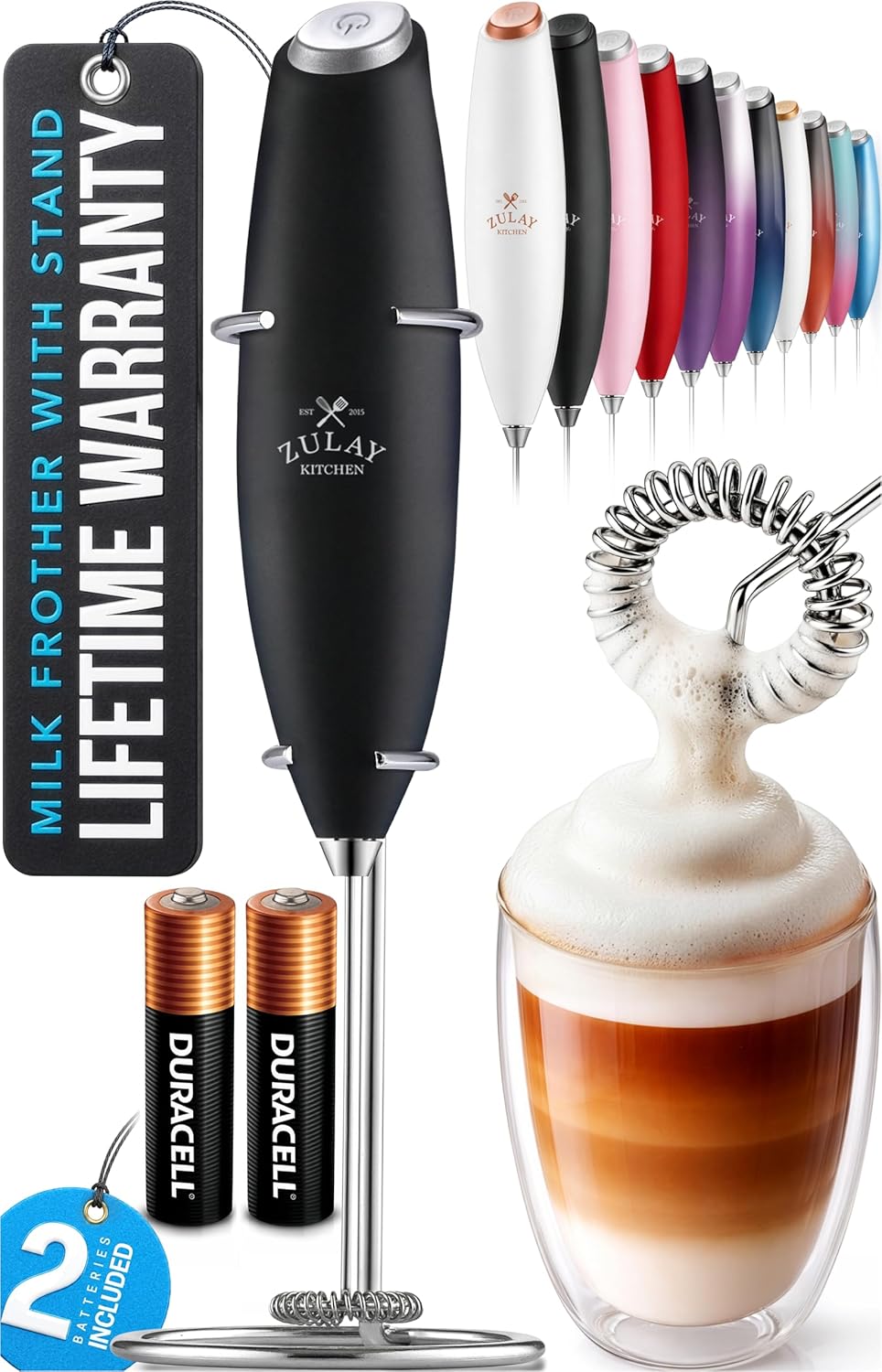 Zulay Kitchen Powerful Milk Frother Wand With Duracell Batteries - Ultra Fast Handheld Drink Mixer - Electric Whisk Foam Maker for Coffee, Lattes, Cappuccino & Matcha - Z1 Motor - Black - Colors D