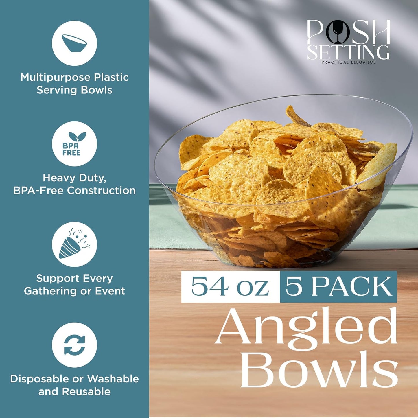 Posh Setting Crystal Clear, Disposable Premium Hard Plastic Medium Angled Bowl, Party, Salad, Snack and Fruit Bowl 5 Pack