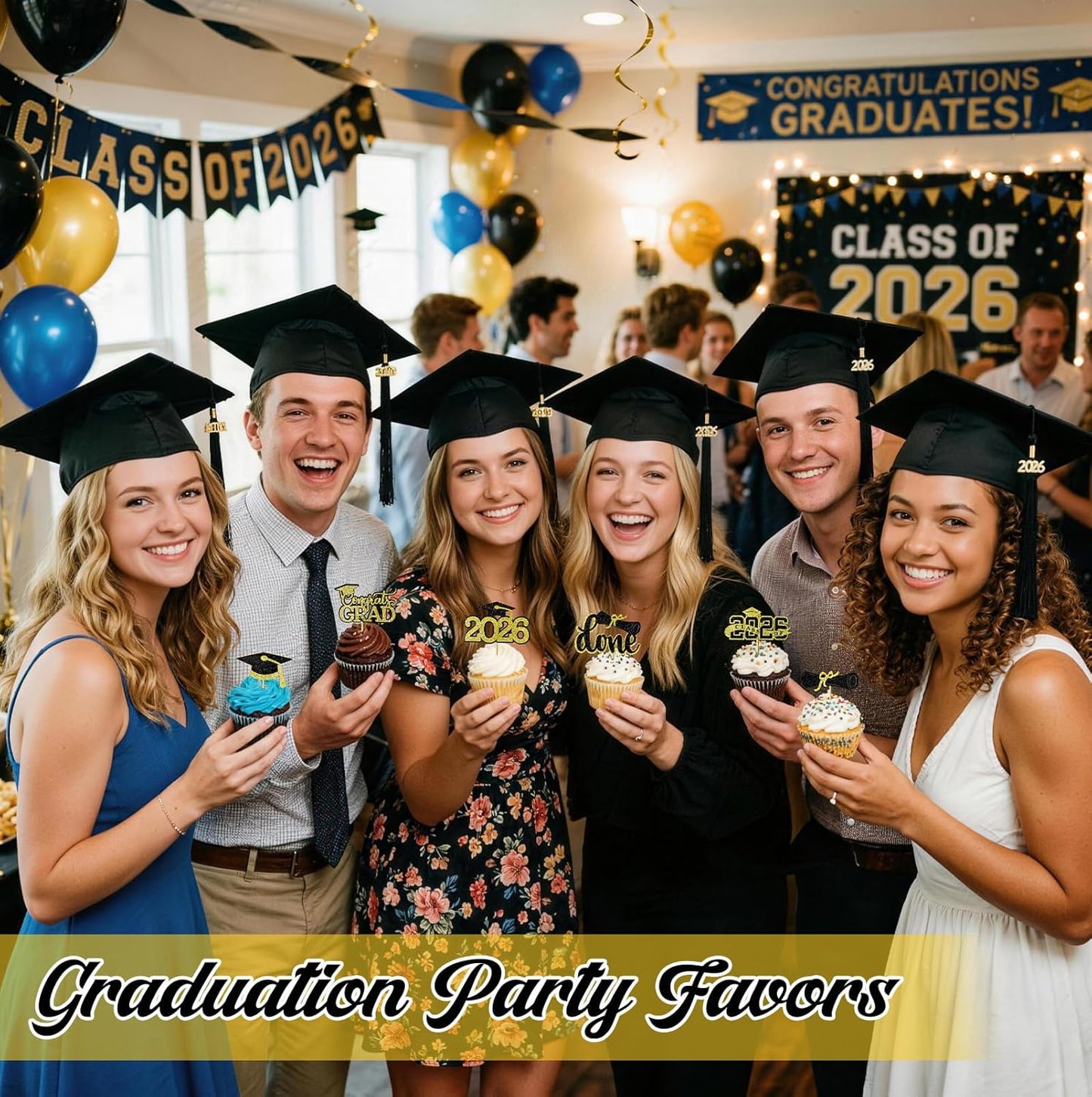 Graduation Decorations 2026 Cupcake Toppers, 36 Pcs Black & Gold Glitter Cap & Diploma Class of 2026 Cake Topper, Cake Picks & Toppers for Congrats Grad Party Decor Supplies