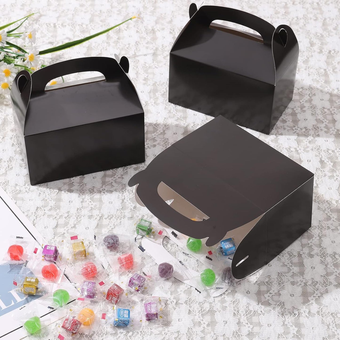 DjinnGlory 36 Pack White Party Favor Treat Boxes with Handle, DIY Paper Boxes for Baby Shower, Birthday, All Occasion, Small Gable Boxes for Small Business 6.18 x 3.58 x 3.38 Inches