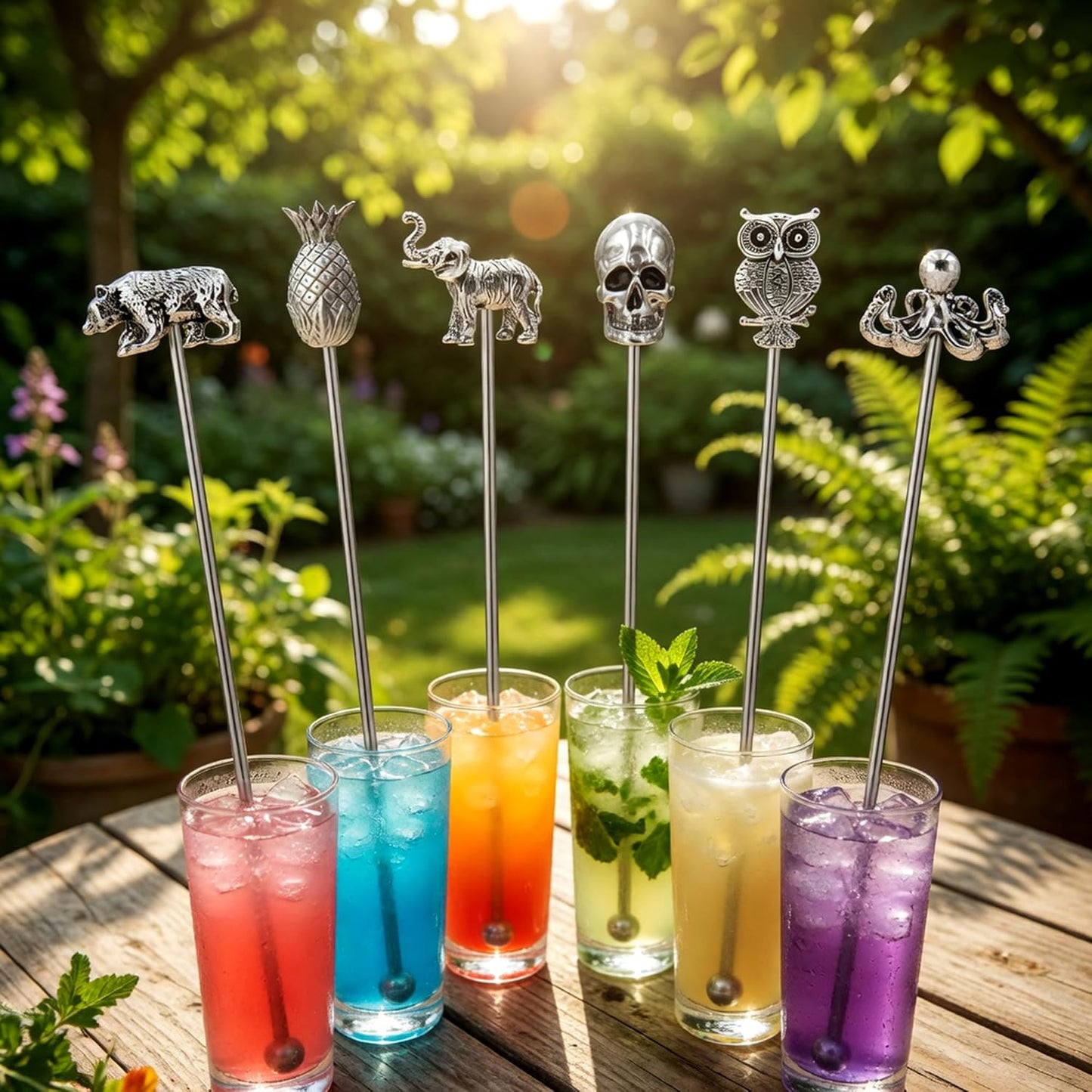 Homestia 7.5" Stainless Steel Cocktail Stirrers with Cute Animal Design, Set of 6 Reusable Swizzle Sticks for Coffee, Martini, Drinks - Dishwasher Safe Metal Bar Tools Stir Sticks