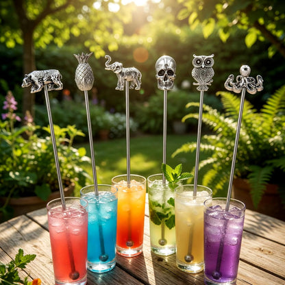 Homestia 7.5" Stainless Steel Cocktail Stirrers with Cute Animal Design, Set of 6 Reusable Swizzle Sticks for Coffee, Martini, Drinks - Dishwasher Safe Metal Bar Tools Stir Sticks
