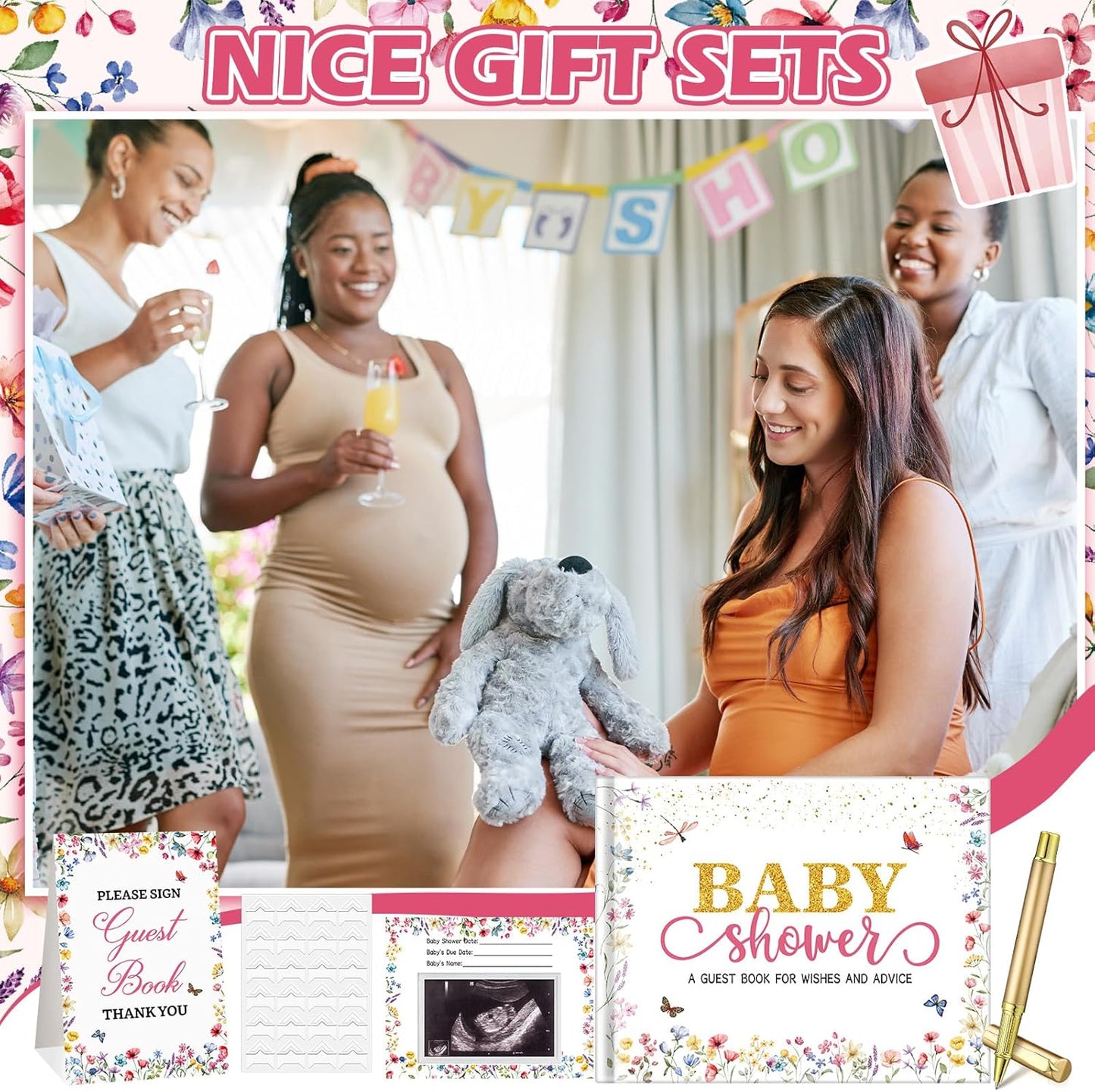 Fuyoooo 27 Pcs Safari Animal Baby Shower Guest Book Set Baby Shower Sign in Guest Floral Book Place Table Cards with Gold Pen Adhesive Photo Corner for Birthday Party