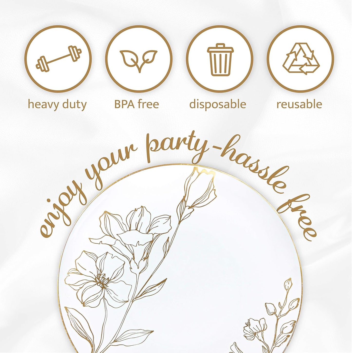 PLASTICPRO [16 OZ 20 Count] White Plastic Floral Design Party Soup bowls With Gold Rim Premium heavyweight Elegant Disposable Tableware Dishes