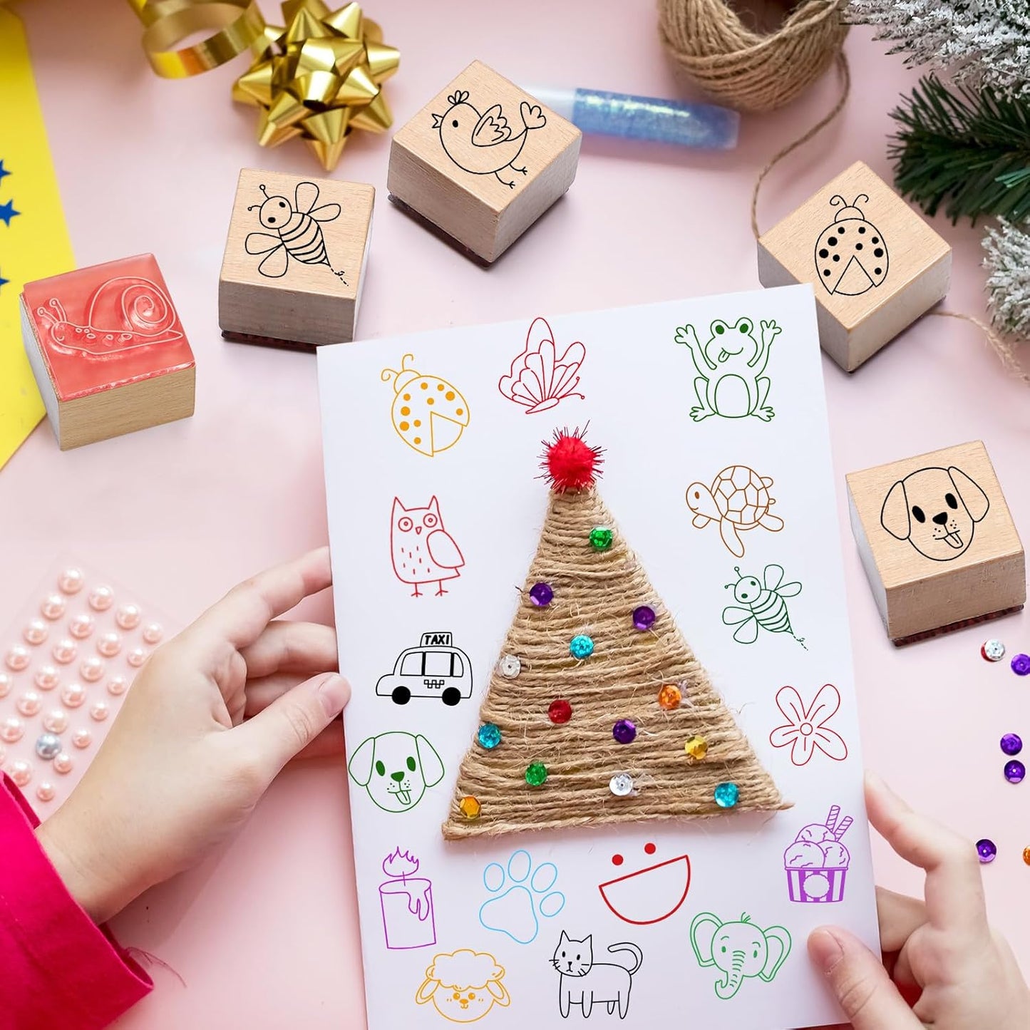 Maitys 36pcs Cartoon Pattern Wood Stamps Set Wooden Rubber Holiday Stamps Cute Cake Elephant Candle Butterfly Bee Pattern for Card Making Decoration and Scrapbooking Supplies DIY Tools Gifts