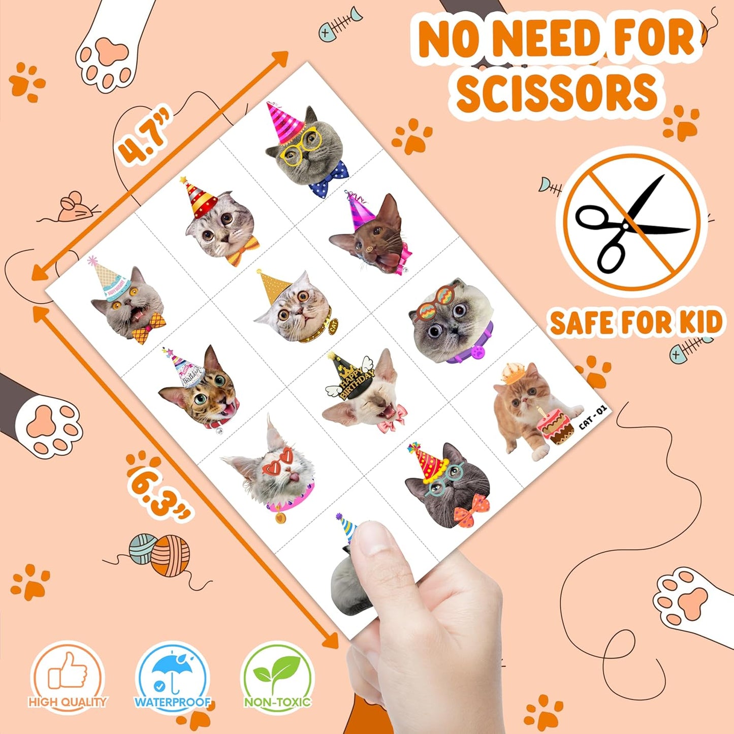 96 PCS Cat Cats Pet Pre-Cut Temporary Tattoos for Kids | Super Cute Themed Birthday Party Favors, Supplies, Decorations, Animal Paw Fake Tattoo Stickers Gifts for Boys Girls Rewards