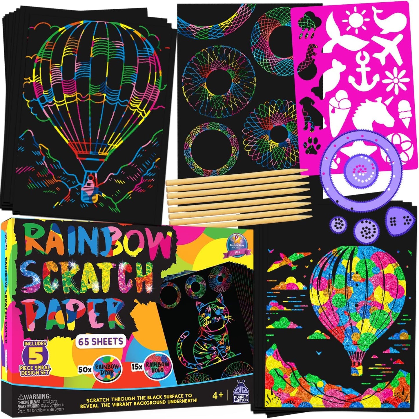 PURPLE LADYBUG Scratch Art for Kids - 150 Rainbow Scratch Art Mini Notes Arts and Craft Supplies, Crafts for Kids Ages 4-12, Mothers Day Note Cards, Kid Summer Activities for Camping & Summer Crafts