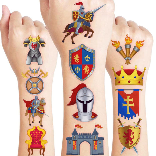 96 PCS Royal Knight Pre-Cut Temporary Tattoos for Kids | Super Cute Themed Birthday Party Favors, Supplies, Decorations, Castle Fake Tattoo Stickers, School Rewards & Gifts For Boys & Girls