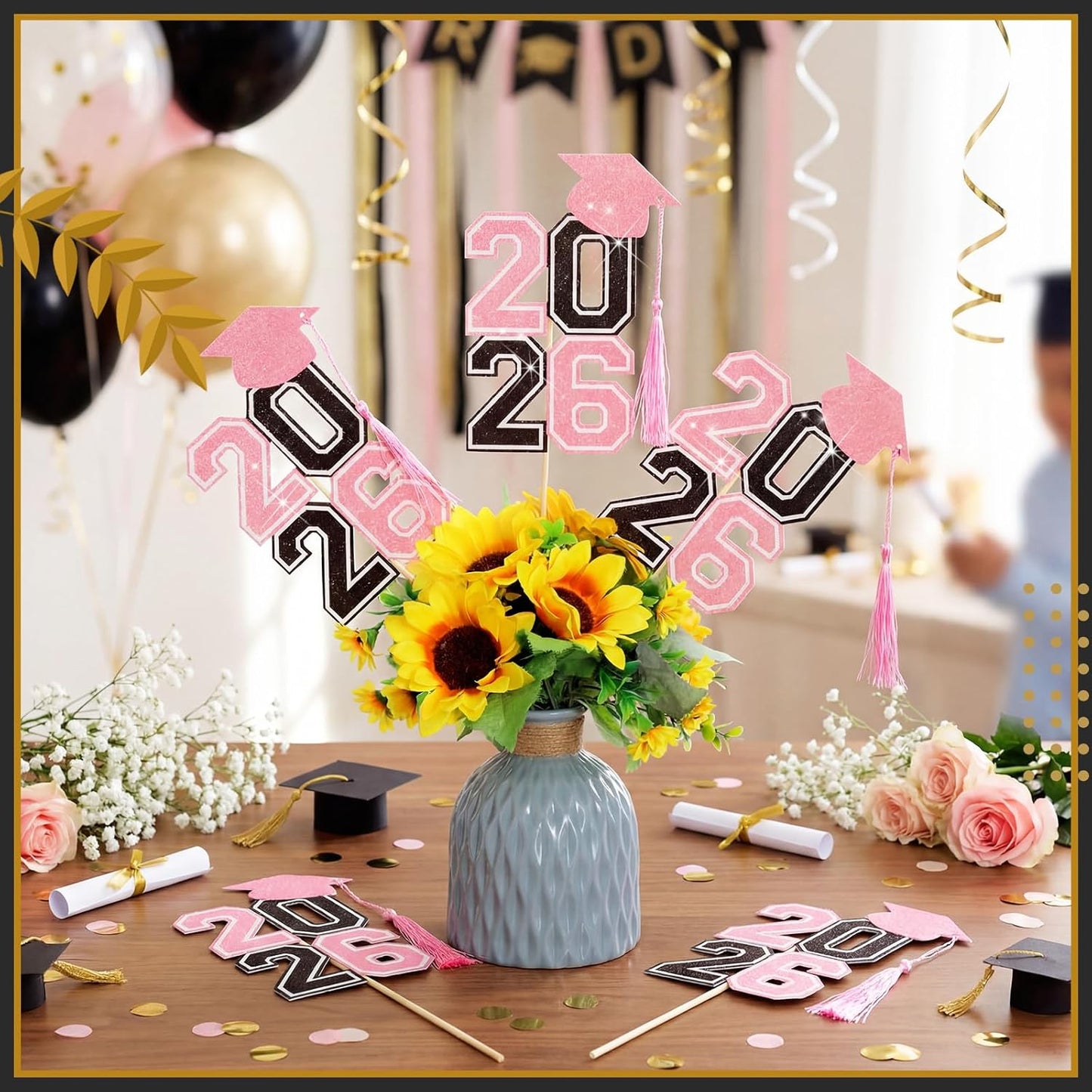 10 Pcs Graduation Table Centerpieces Sticks with Tassels, class of 2026 Grad Cap Picks Table Decoration Cupcake Toppers for Party Centerpiece Decoration Supplies(Blue and Gold)