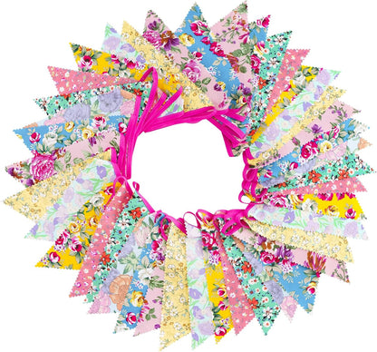 jijAcraft 39Ft Triangle Bunting Banner, 42Pcs Tea Floral Party Bunting Cotton Fabric Flags Pennant Garlands for Birthday Party, Wedding, Baby Shower, Outdoor and Home Decorations (Pink)