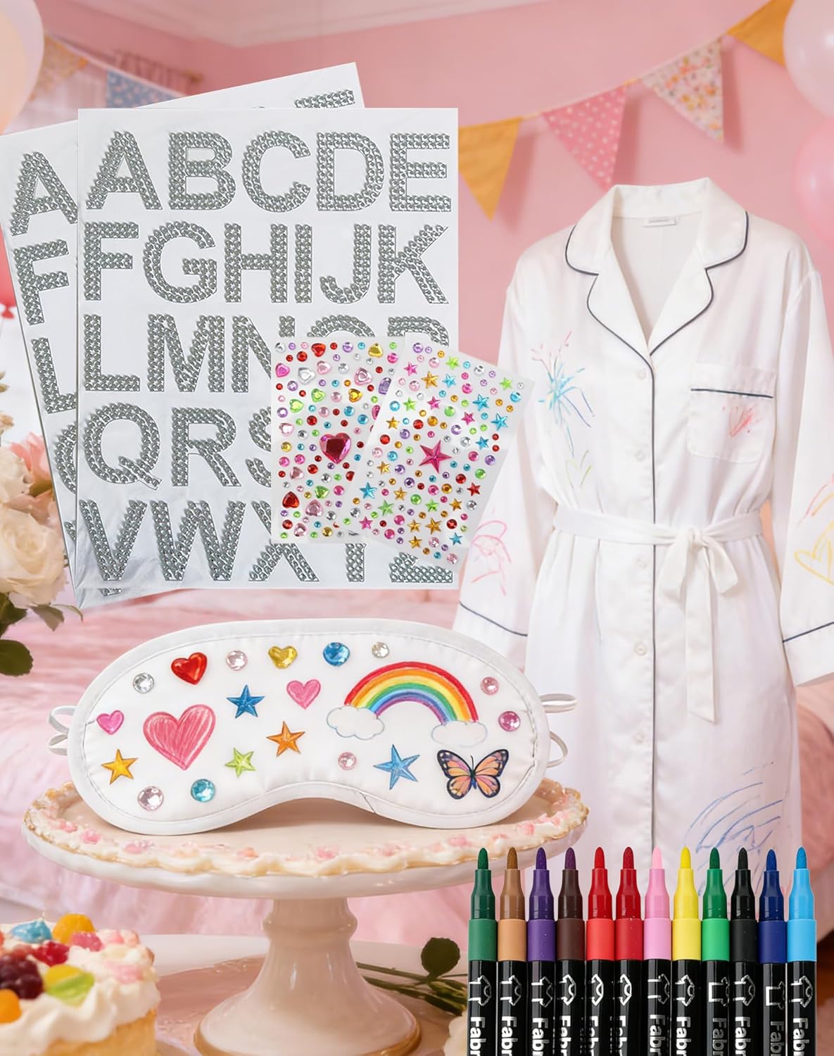 TOUROAM Pajama Theme Party Decoration - Sleep Eye Masks with Marker Pens and Sheets Self-Adhesive Heart Rhinestones Gems