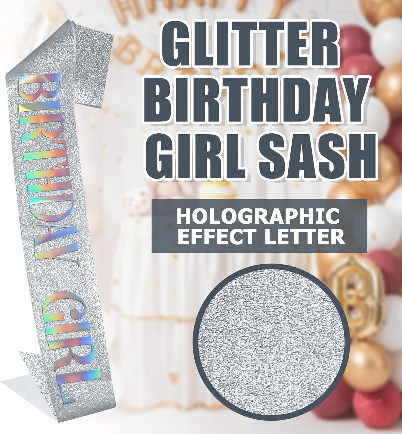 RUDONG M Birthday Girl Sash Glitter - Silver Birthday Sash for Women & Girls | Sweet 16/18th/21st/30th/40th/50th/60th/70th, All-Age Celebration Party Decor