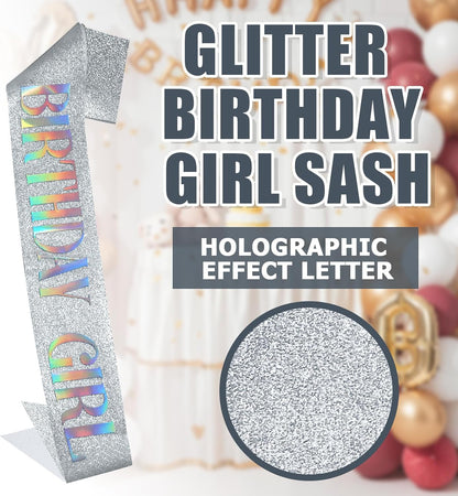 RUDONG M Birthday Girl Sash Glitter - Silver Birthday Sash for Women & Girls | Sweet 16/18th/21st/30th/40th/50th/60th/70th, All-Age Celebration Party Decor