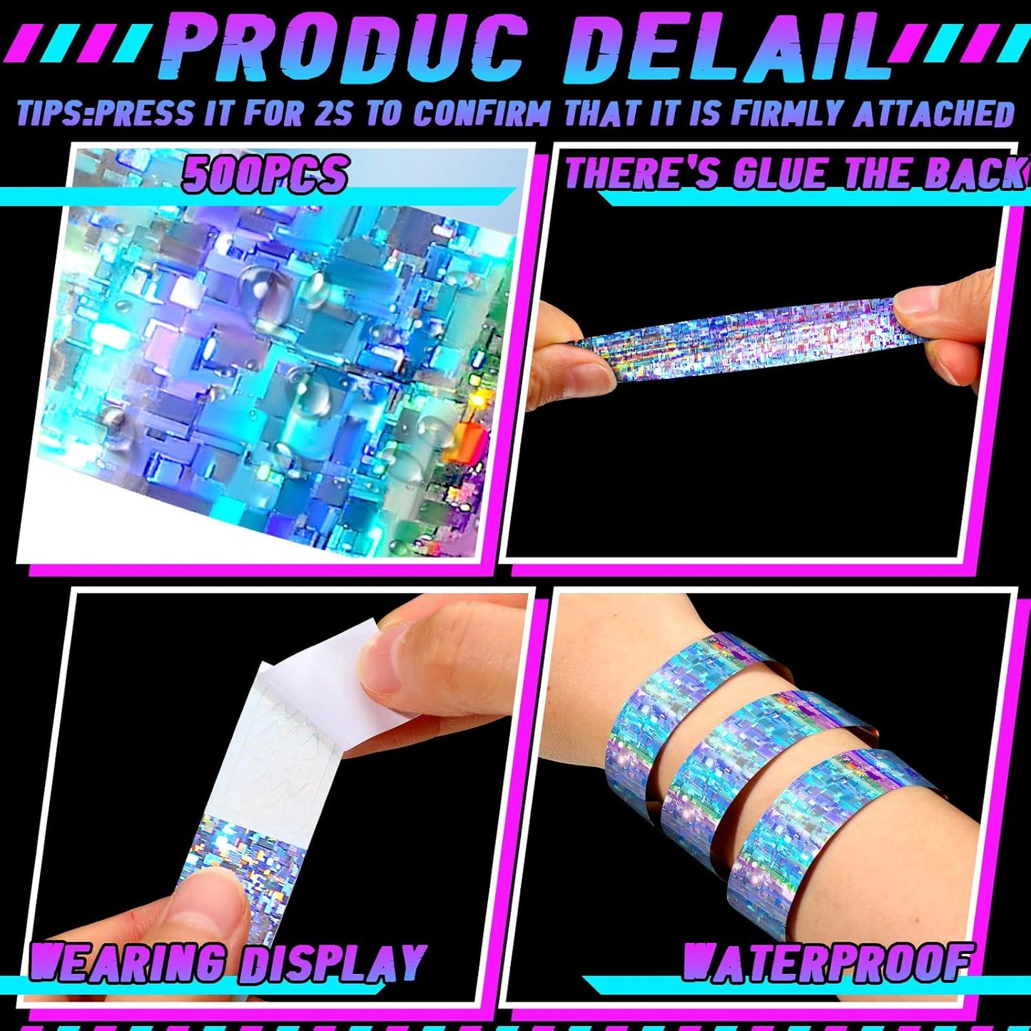 Glenmal 500 Pcs Holographic Plastic Party Wristbands Waterproof Event Neon Bracelets Wrist Bands Arm Bands for Water Parks Concerts Festivals Conferences Concerts(Fresh Style)