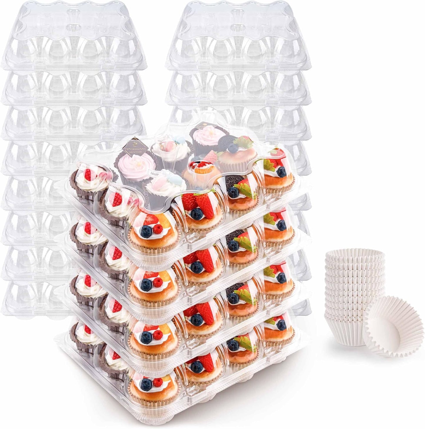 NPLUX 12 Count Cupcake Containers 12 Pack Cupcake Holders Plastic Stackable Cupcake Boxes with Detachable Tall Dome Lids and 144 Liners for 144 Cupcakes, BPA Free, Standard Size