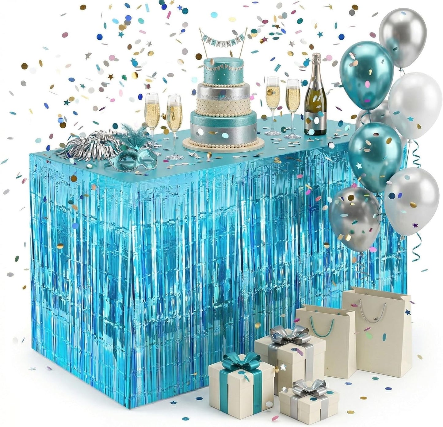 Blue Streamers Party Decorations, 2 Packs Blue Table Skirts Metallic Foil Fringe Tinsel for Birthday Under the Sea Boy Baby Shower Float Parade Mardi Gras Graduation Party Supplies -29x108Inch