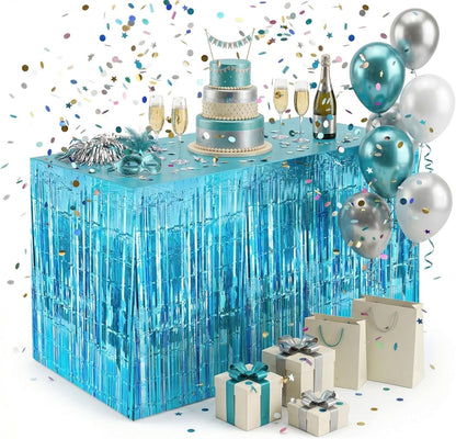 Blue Streamers Party Decorations, 2 Packs Blue Table Skirts Metallic Foil Fringe Tinsel for Birthday Under the Sea Boy Baby Shower Float Parade Mardi Gras Graduation Party Supplies -29x108Inch