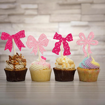 Ephlyn 24Pcs Pink Bow Cupcake Toppers Bow Birthday Cake Topper Girls Birthday Party Decorations Bowknot Cupcake Decorations for Bridal Wedding Themed Party Multi
