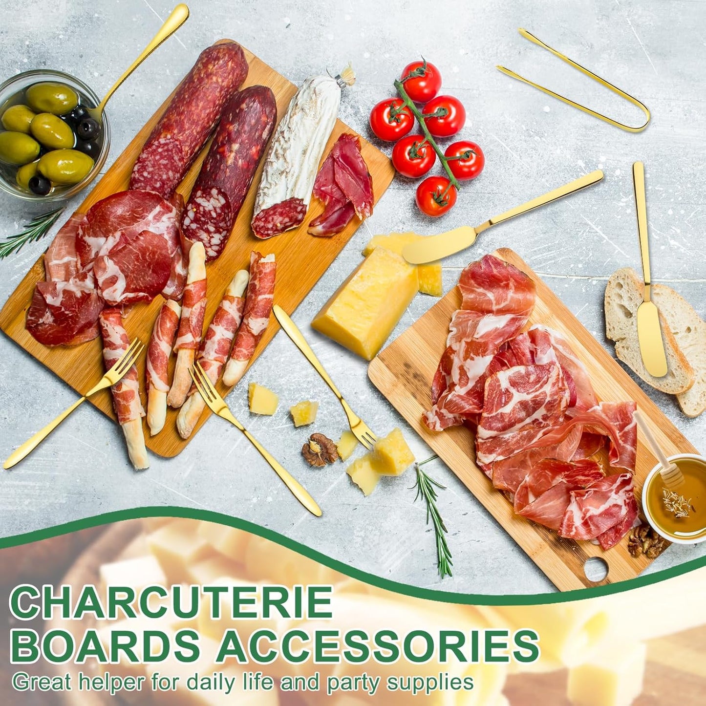 38 Pcs Charcuterie Boards Accessories, Silver Stainless Steel Charcuterie Utensils Set, Including Cheese Butter Spreader, Mini Serving Tongs, Knives, Spoons, Forks, Honey Dippers and Toothpick Flags