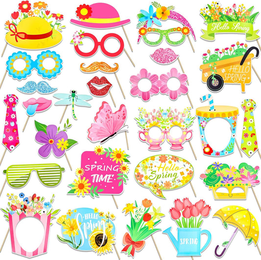 HOWAF Hello Spring Photo Booth Props, 30pcs Colorful Spring Photo Props with Spring Flower Photo Frame for Spring Easter Party Decorations Spring Butterfly Selfie Props