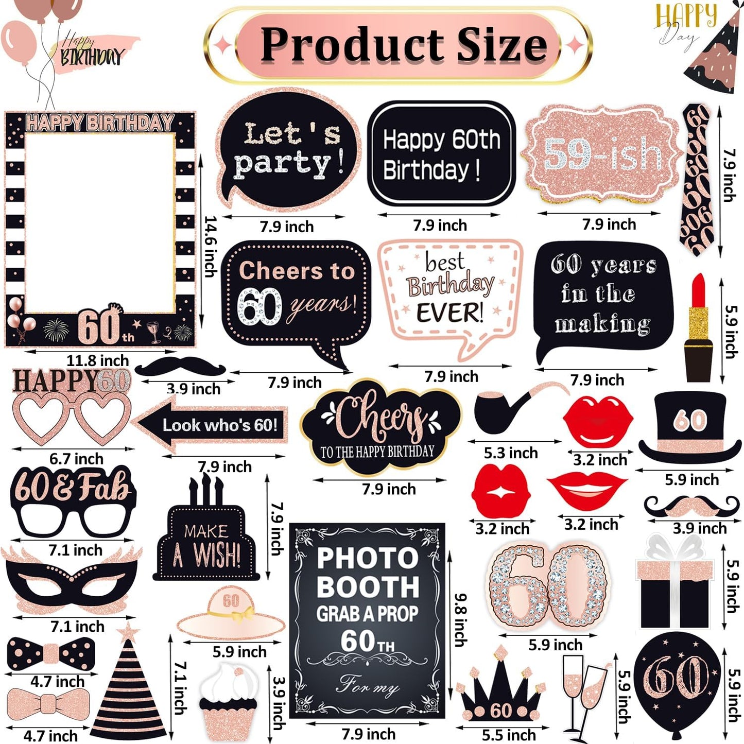 32pcs 60th Birthday Photo Booth Props for Men Women, 60 Birthday Selfie Props Kit, Classic Black Gold Happy 60th Birthday Party Supplies, Cheers to 60 Years Old Bday Decor