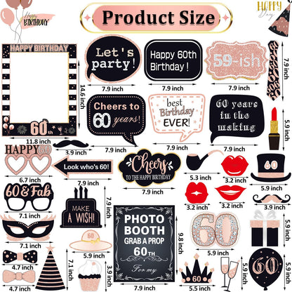 32pcs 60th Birthday Photo Booth Props for Men Women, 60 Birthday Selfie Props Kit, Classic Black Gold Happy 60th Birthday Party Supplies, Cheers to 60 Years Old Bday Decor