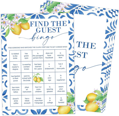Mediterranean Lemon Bridal Shower Bingo Game with Blank Squares, Pack of 30 Game Cards, Bridal Shower Decorations, Wedding Engagement Decor, Bachelorette Party Supplies - KR30