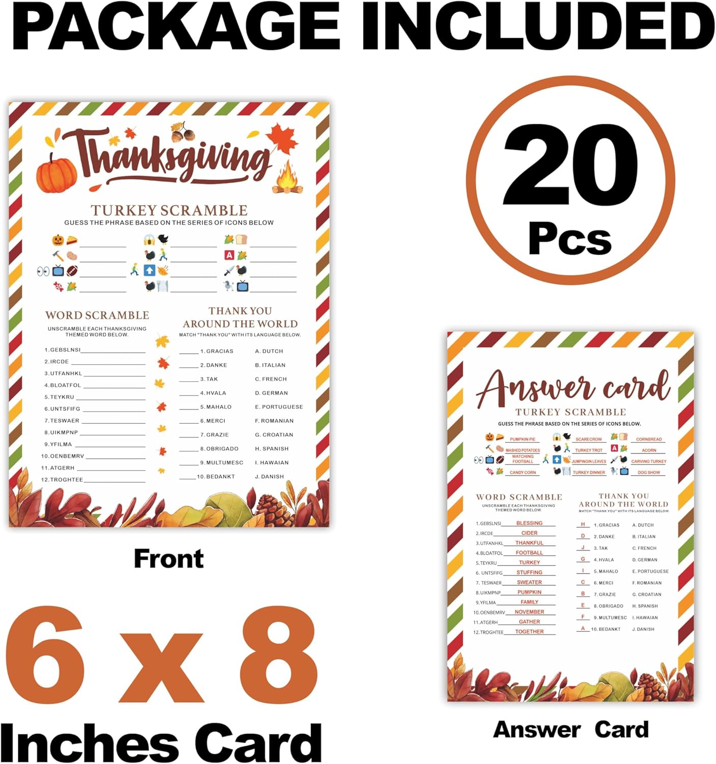 Thanksgiving Scavenger Hunt Game Set, 30 Harvest Stripes Theme Double-Sided Game Cards for Thanksgiving Parties, Family, Friends & Classroom Activities -B04