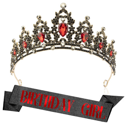 Silver Birthday Crown Headband with Sash for Women - Rhinestone Tiara for Birthday Parties