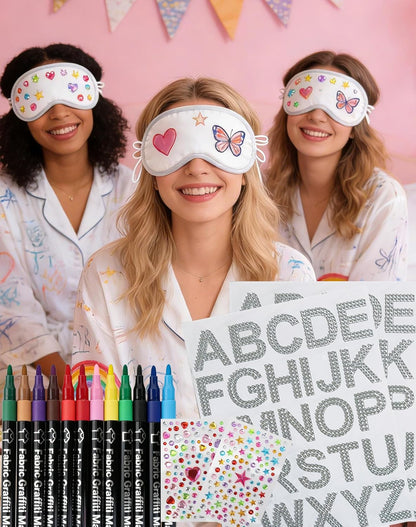 TOUROAM Pajama Theme Party Decoration - Sleep Eye Masks with Marker Pens and Sheets Self-Adhesive Heart Rhinestones Gems