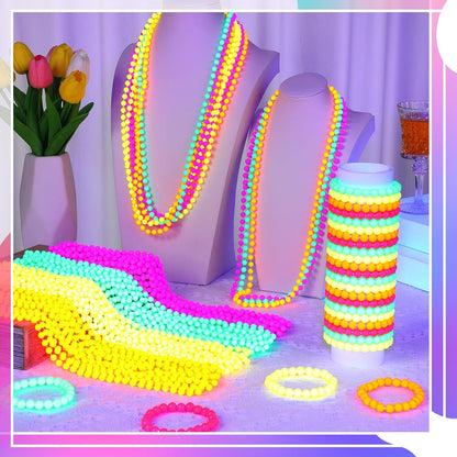 Ecally Neon Bead Necklaces and Bracelets Set Glow in The Dark Party Supplies Colorful Glow Necklaces and Bracelets Bulk for Mardi Gras 80s Party Favors Carnival Concert Neon Night Accessories