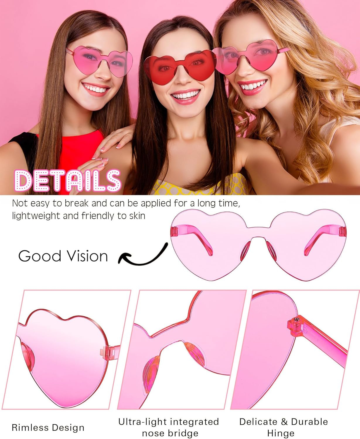 Frienda 8 Pairs Heart Shaped Sunglasses for Women Rimless Heart Glasses Candy Color Sunglasses for Party Favor