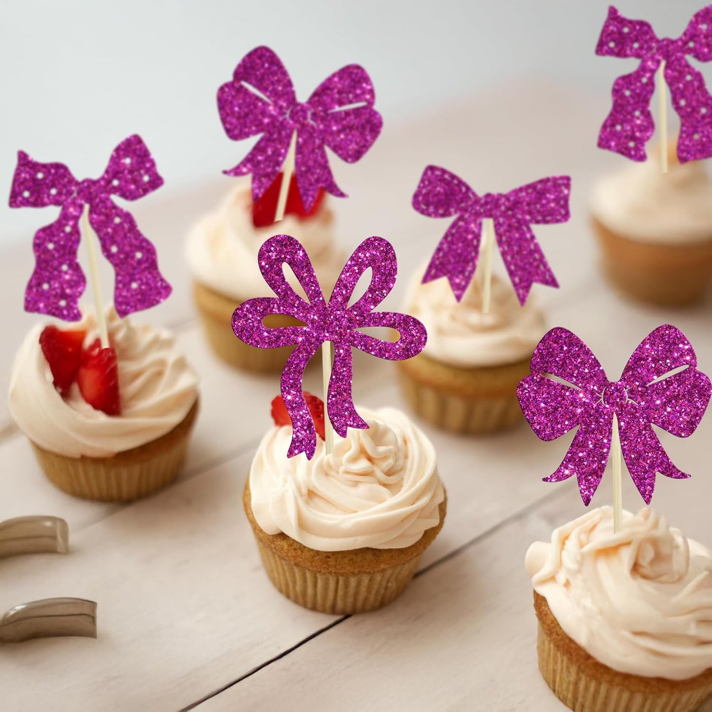 Ephlyn 24Pcs Pink Bow Cupcake Toppers Bow Birthday Cake Topper Girls Birthday Party Decorations Bowknot Cupcake Decorations for Bridal Wedding Themed Party Multi